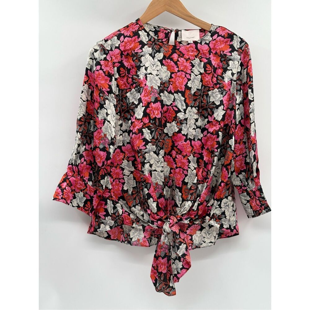 Cinq a Sept Silk Top Women XS Pink Black Floral‎ Tie Bottom Oversized 3/4 Sleeve